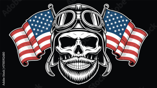 A striking silhouette of a skull wearing vintage aviator goggles and helmet flanked by american flags symbolizing freedom and patriotism silhouette