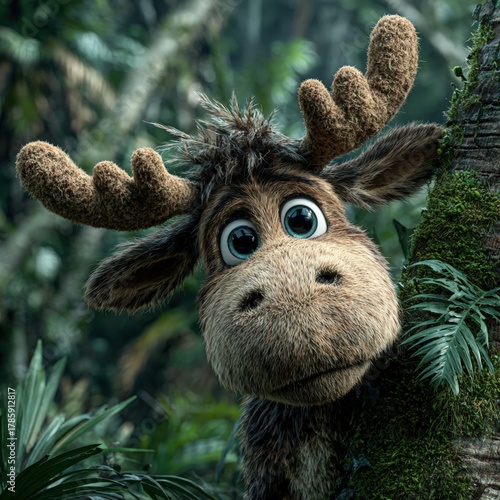 Cute cartoon moose peeking behind a mossy tree trunk