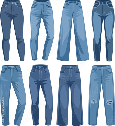 Isolated a kinds of deferent modern jeans pant vector art with white background.