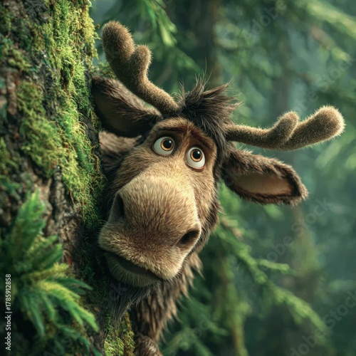 Curious cartoon moose peeking from a mossy tree trunk