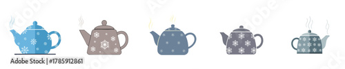 Snowflake Teapot Collection Set Flat Vector Illustration Minimalist Winter Drink