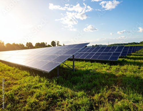 Solar Panels Arrayed in a Green Field Under a Sunny Blue Sky