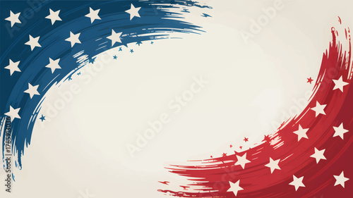 Abstract patriotic background with distressed brush strokes in red white and blue with white stars forming a silhouette frame