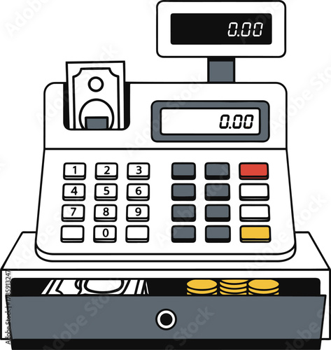 A flat vector illustration of an old-style cash register with displays showing "0.00" and an open cash drawer filled with banknotes and coins.