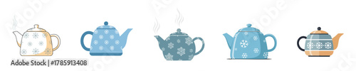 Winter Teapot Snowflake Pattern Flat Vector Illustration Minimalist Collection Set