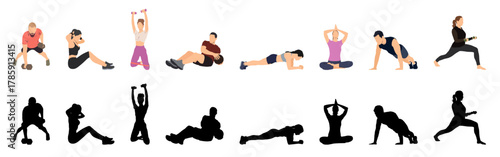 People engaging in diverse physical activities and exercises with silhouette vector illustration.
