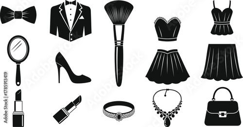 Elegant fashion accessories vector illustration, formal clothing and beauty items collection, stylish dress, makeup, jewelry, handbag, shoes, and suit design icons