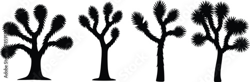 Joshua tree silhouettes, desert plant icons, black botanical shapes, nature graphic design, vector illustration set, spiky leaf artwork, landscape elements