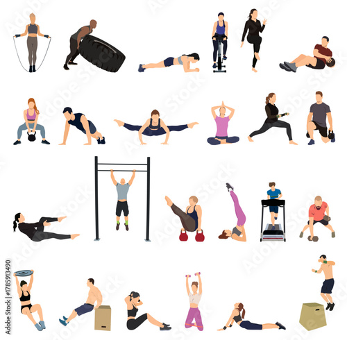 People engaging in diverse physical activities and exercises, symbolizing a healthy and active wellness lifestyle.