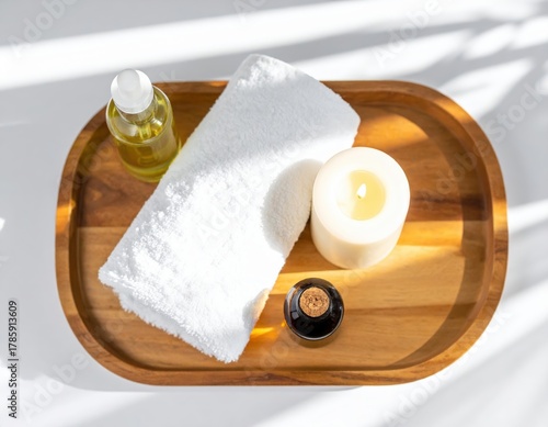 Spa Essentials: Candle, Oil, Towel, and Aromatherapy on Wooden Tray