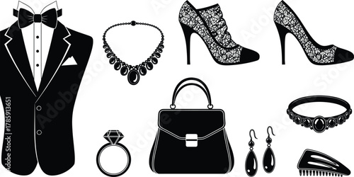 Elegant fashion accessories vector set, luxury jewelry and clothing illustration, high heels, handbag, tuxedo, necklace, and ring design for style concept