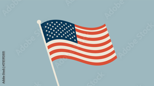 Waving american flag silhouette against a solid blue gray background symbolizing patriotism and freedom