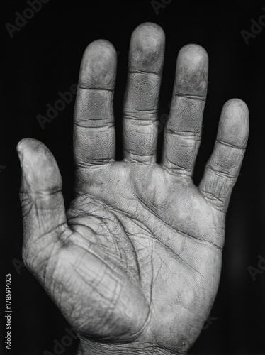 Detailed black and white image of a dirty human hand