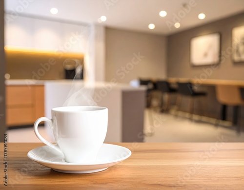 Steaming coffee cup on wooden table with blurred modern kitchen background