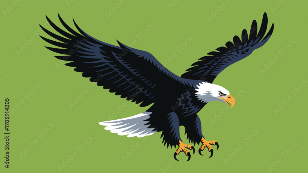 Fototapeta premium Majestic bald eagle in mid flight with wings spread wide showcasing its powerful talons and distinctive white head silhouette