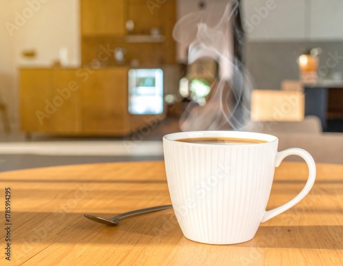 Steaming Coffee Cup on Wooden Table with Spoon and Kitchen Background