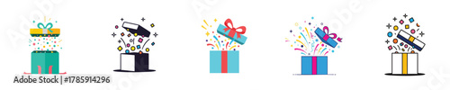 Surprise Gift Box Flat Icon Set Confetti Explosion Celebration Vector
