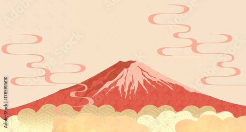 富士山, 年賀状, 赤富士, 絶景, 風景, 雲, 雲海, 景色, 山, 世界遺産, 和風, 和柄, おしゃれ, あしらい, 雪, 地紋, 模様, 装飾、シンプル、水彩、