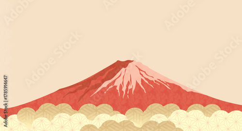 富士山, 年賀状, 赤富士, 絶景, 風景, 雲, 雲海, 景色, 山, 世界遺産, 和風, 和柄, おしゃれ, あしらい, 雪, 地紋, 模様, 装飾、シンプル、水彩、