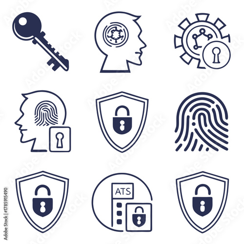 Cybersecurity icons set featuring key, fingerprint scan, lock, and ATS icons for digital safety