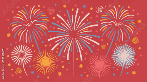 Vibrant abstract fireworks exploding in a festive celebration against a deep red background silhouette