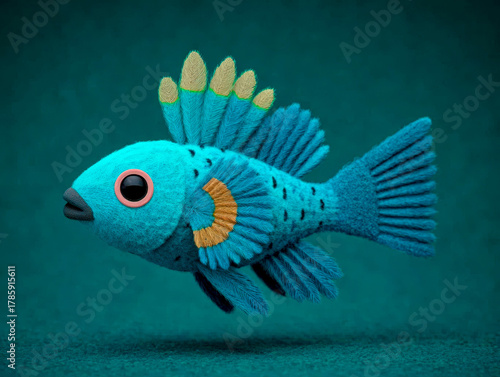 Cute blue yarn fish with colorful fins