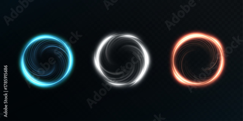 Futuristic energy portals on a dark background for science fiction interfaces, game design, and digital overlays.