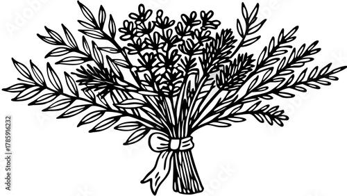 Very beautiful hand-drawn line art bouquet made of green branches, featuring a minimalist botanical style, perfect for wedding invitations, postcards, and elegant stationery, with detailed natural tex