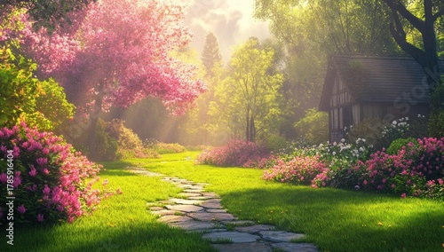 Stone path winding through a vibrant spring garden with blooming pink flowers, lush green grass, radiant sunbeams, and a charming cottage.