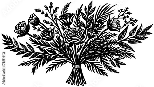 Very beautiful hand-drawn line art bouquet made of green branches, featuring a minimalist botanical style, perfect for wedding invitations, postcards, and elegant stationery, with detailed natural 