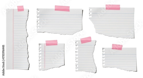 Versatile set of blank torn lined paper pieces with pink sticky tape, ideal for crafting personalized messages, organizing ideas, or enhancing digital designs and scrapbooking projects