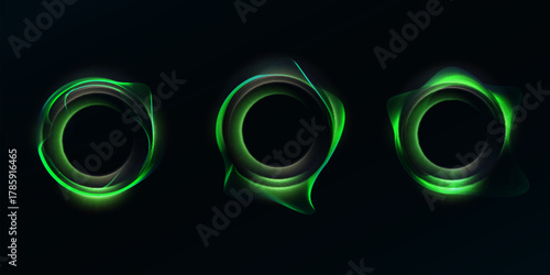 A set of green neon energy rings on a dark background. Used for gaming and techno design, HUD elements, magical effects, and futuristic interfaces.