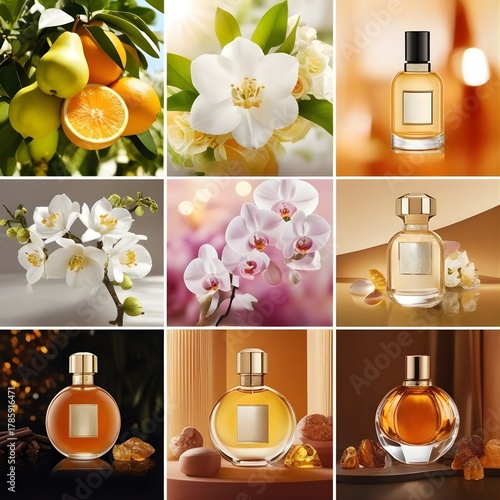 A captivating split-view image featuring distinct sections, each showcasing key ingredients of a luxurious fragrance: