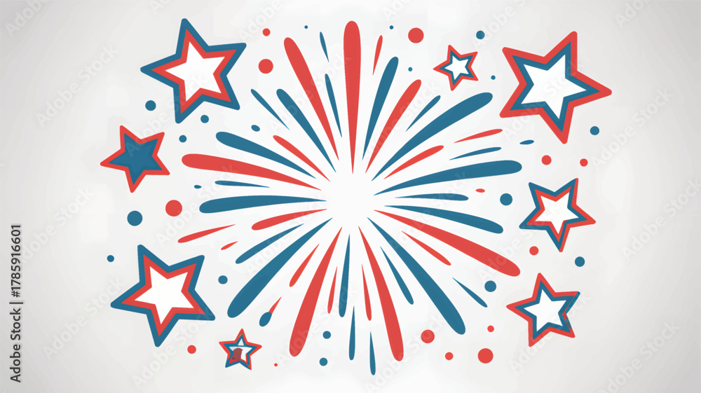 Fototapeta premium Explosion of red and blue fireworks with stars bursting outward in a celebratory silhouette against a light background