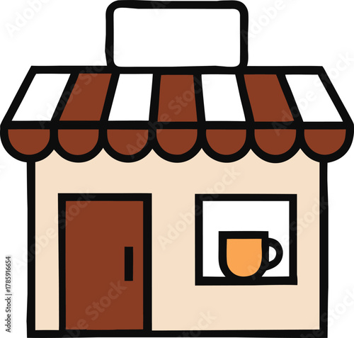 Simple cartoon illustration of a coffee shop building with an awning and a coffee cup visible in the window isolated on transparent background