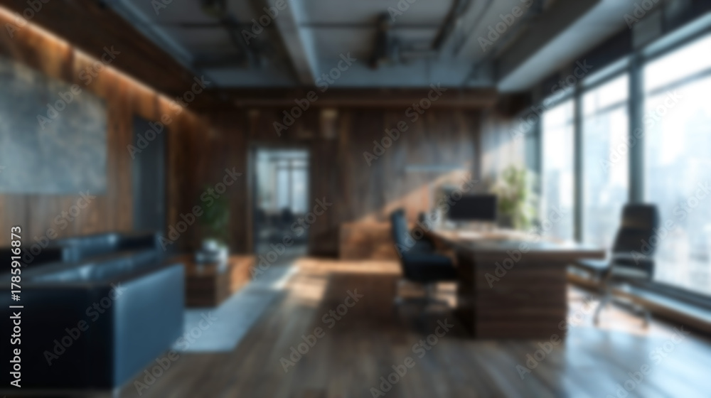 Fototapeta premium Blurred modern luxury office interior with warm wooden elements and natural light. Ideal for professional backgrounds, virtual meetings, zoom calls, and website design.