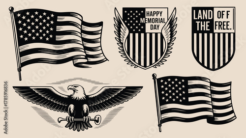 Collection of american patriotic symbols including waving flags an eagle emblem and shields with text all in a distinctive silhouette style