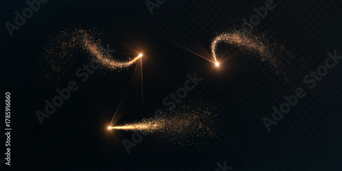 Glowing golden magical comets with sparkling particles and a trail against a dark background. An element for fairy-tale, festive, and fantasy compositions, creating an effect of appearance or movement