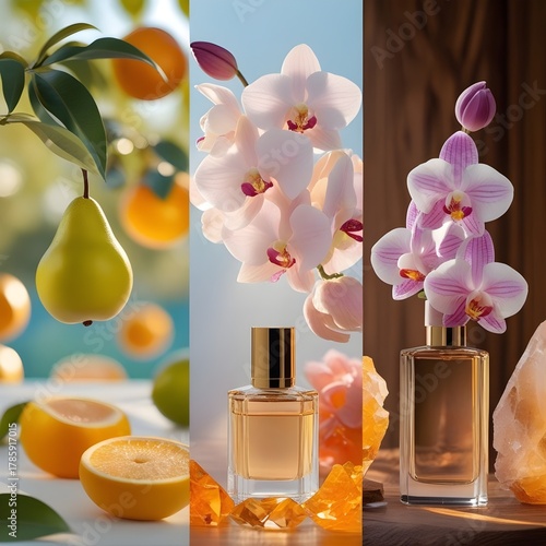 A captivating split-view image featuring three distinct sections, each showcasing key ingredients of a luxurious fragrance: