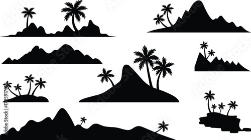 Tropical island silhouettes, black coastal icons, palm tree shapes, mountain landscape graphics, nature elements, travel design, vector illustration set
