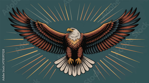 Majestic bald eagle in silhouette with outstretched wings radiating golden light against a dark teal background