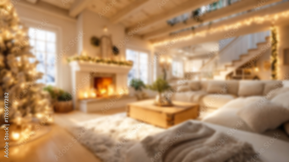 Naklejka premium Blurred festive living room with warm golden lighting, cozy Christmas tree, and fireplace. Ideal for holiday backgrounds, virtual meetings, websites, and luxury interior design.