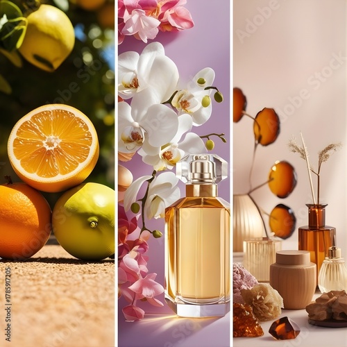 A captivating split-view image featuring three distinct sections, each showcasing key ingredients of a luxurious fragrance:
