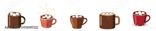Cocoa Mug Marshmallow Flat Vector Set Winter Hot Drink Illustration