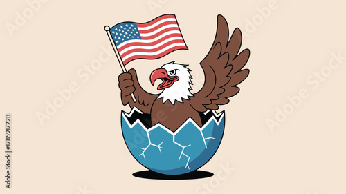 Majestic bald eagle emerging from a cracked egg holding the american flag in a striking silhouette