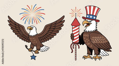 Two patriotic bald eagles celebrating independence day with fireworks and a rocket one wearing an uncle sam hat silhouette