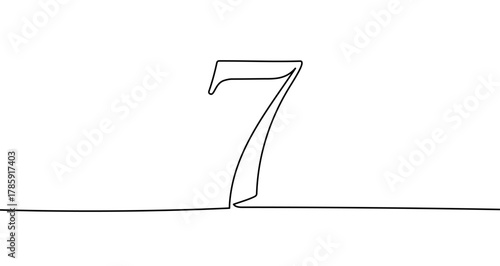 Number "7" in one line art style. Drawing of the digit seven with editable black stroke on a white background. Vector illustration.