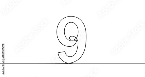 Number "9" in one line art style. Drawing of the digit nine with editable black stroke on a white background. Vector illustration.