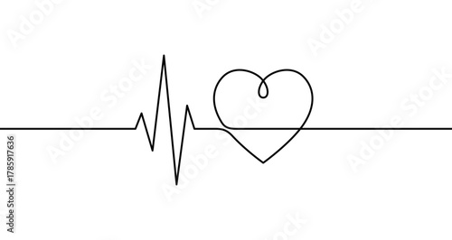 Heart rate line with a heart in one line art style. Drawing of an ECG line transforming into a heart symbol with editable black stroke on a white background. Vector illustration.
