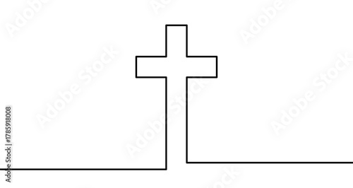 Christian cross in one line art style. Drawing of a religious symbol with editable black stroke on a white background. Vector illustration.
